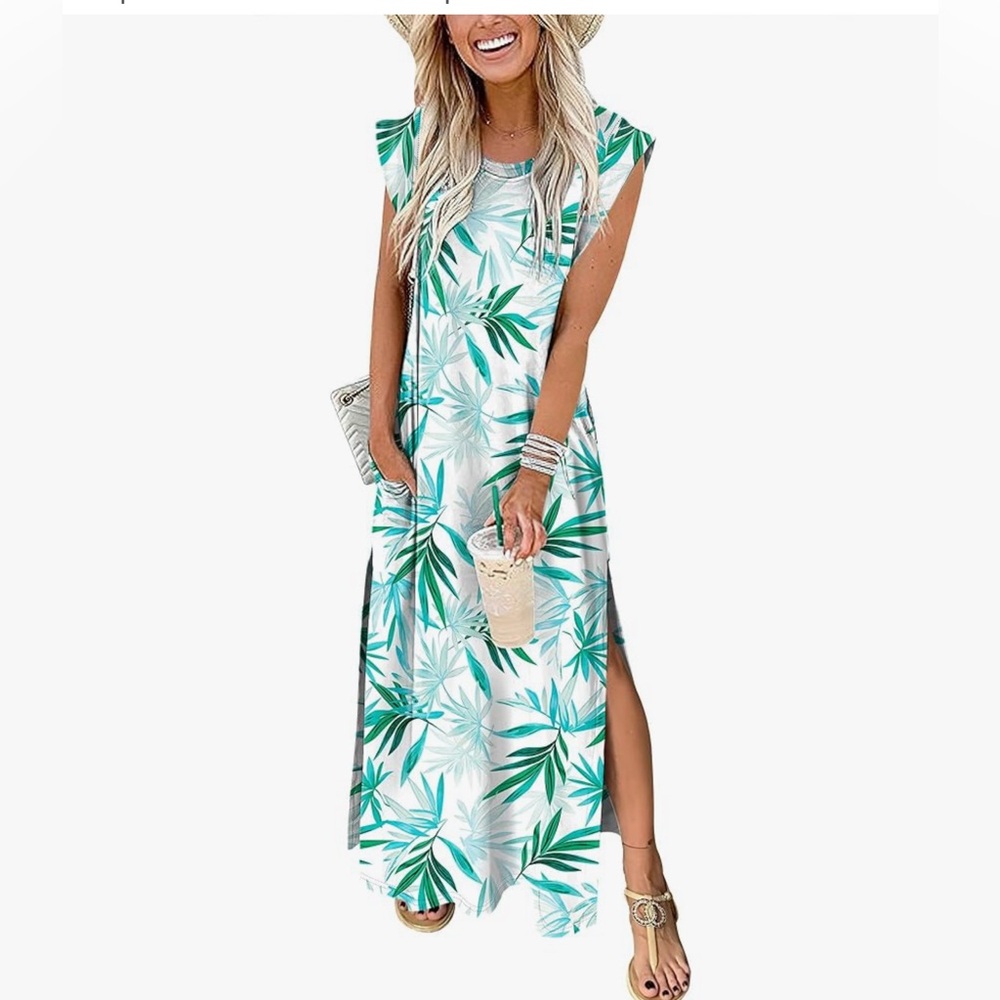 NWT GREEN FLORAL LEAF PRINT MAXI DRESS-S